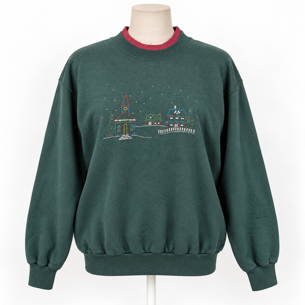 Vintage 90s Embroidered Rhinestone Christmas Village Sweatshirt Size M Green